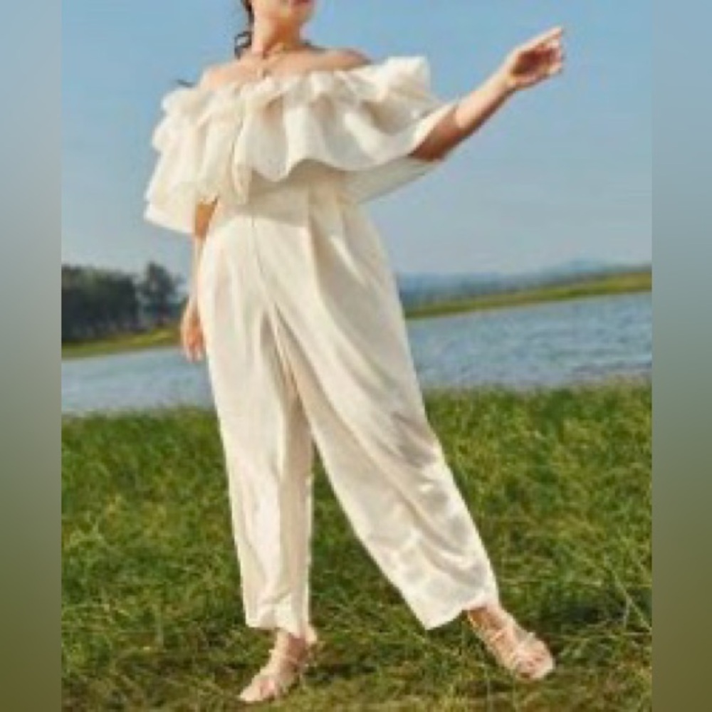 Off-Shoulder Cream Exaggerated Ruffle Bardot Jumpsuit